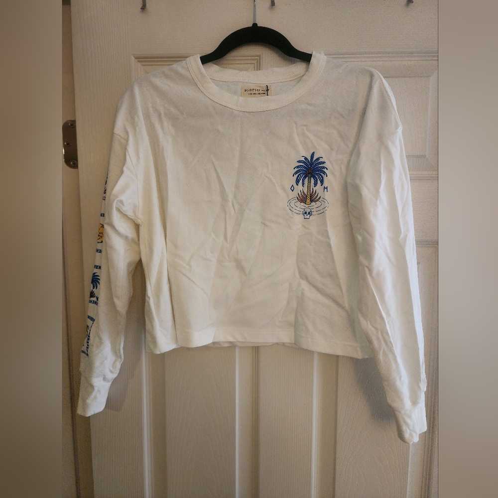 White Long Sleeve Tee with Blue Graphic